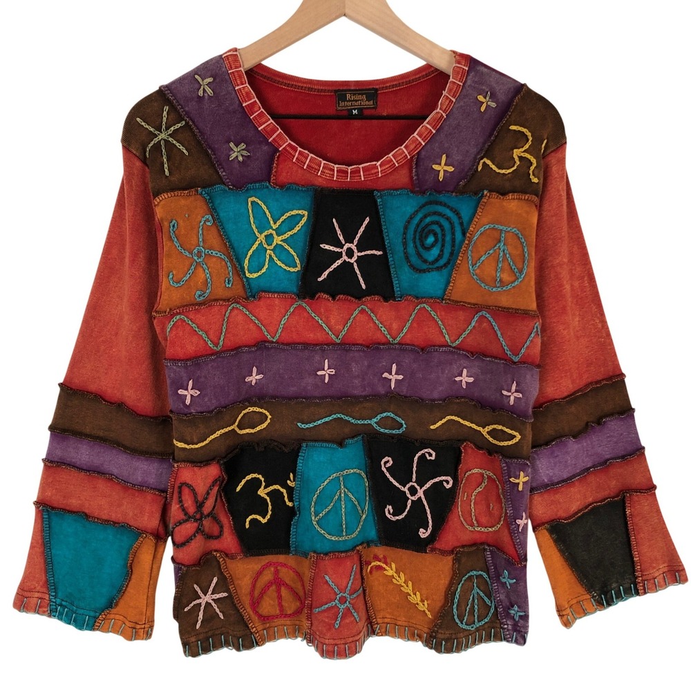VTG RISING INTERNATIONAL Patchwork Boho Top Women's M Cotton Embroidered Nepal